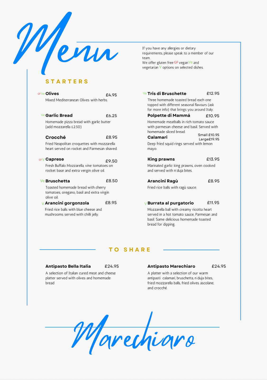 Starters and Sharing Menu