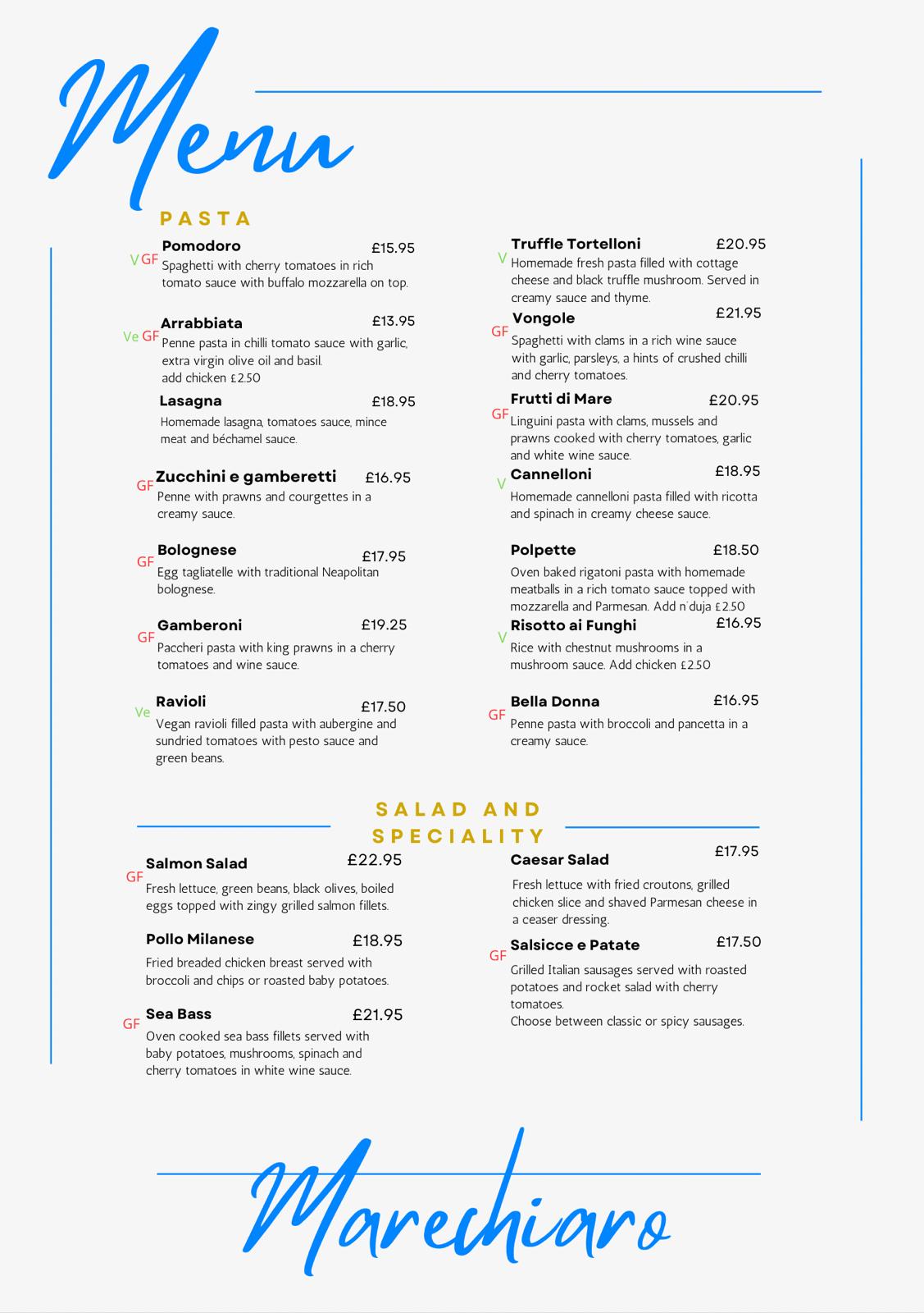 Pasta and Speciality Menu