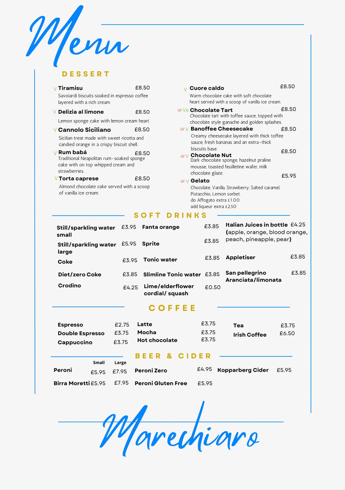 Desserts and Drinks Menu